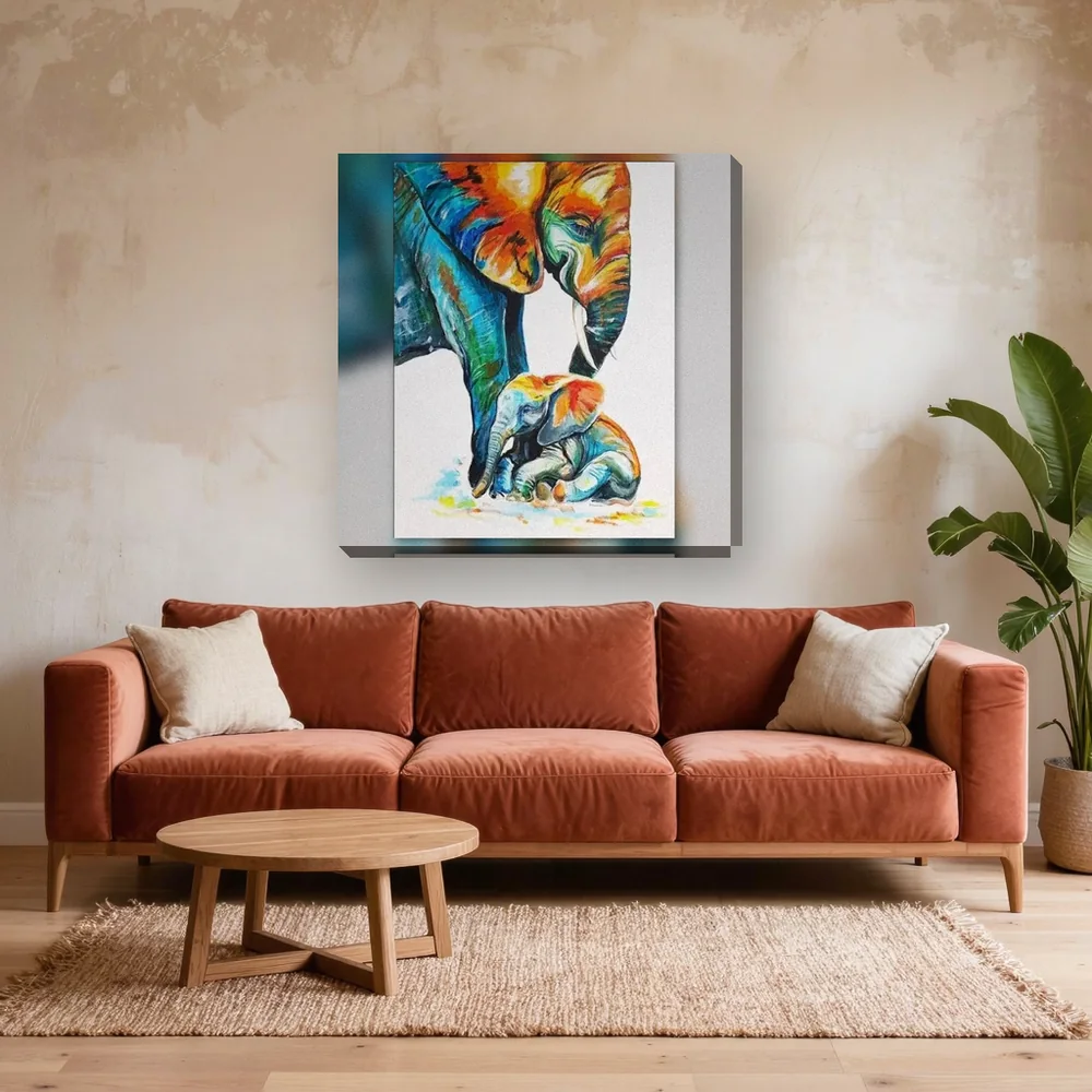Malen nach Zahlen Elefant und Elefantenbaby Pop-Art – fertiges Gemälde in einem Wohnzimmer